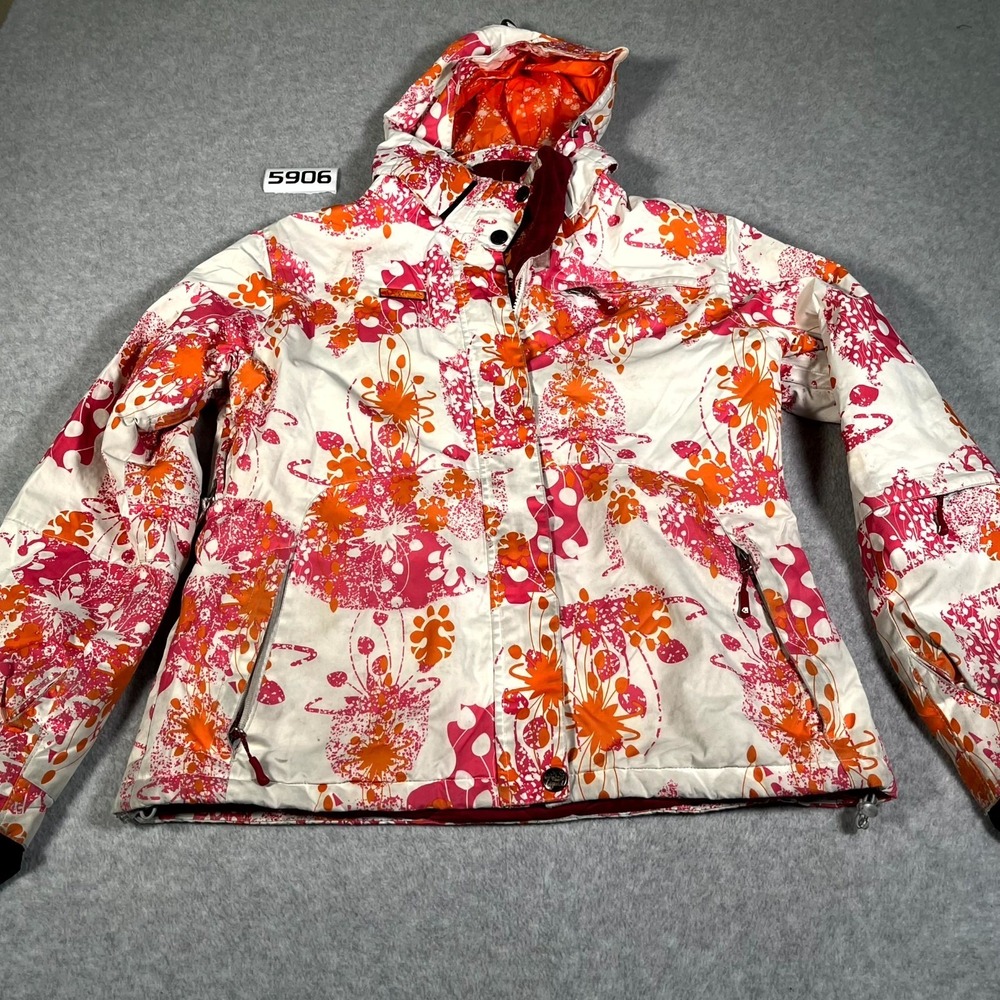 Liquid Ventures Ski Jacket Womens Large Orange Floral Detachable Hood Full Zip
